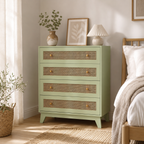 Chest of Drawers 4-Drawer Rattan Panel – Particle Board & Rattan, Light Green, 80 × 35 × 95 cm