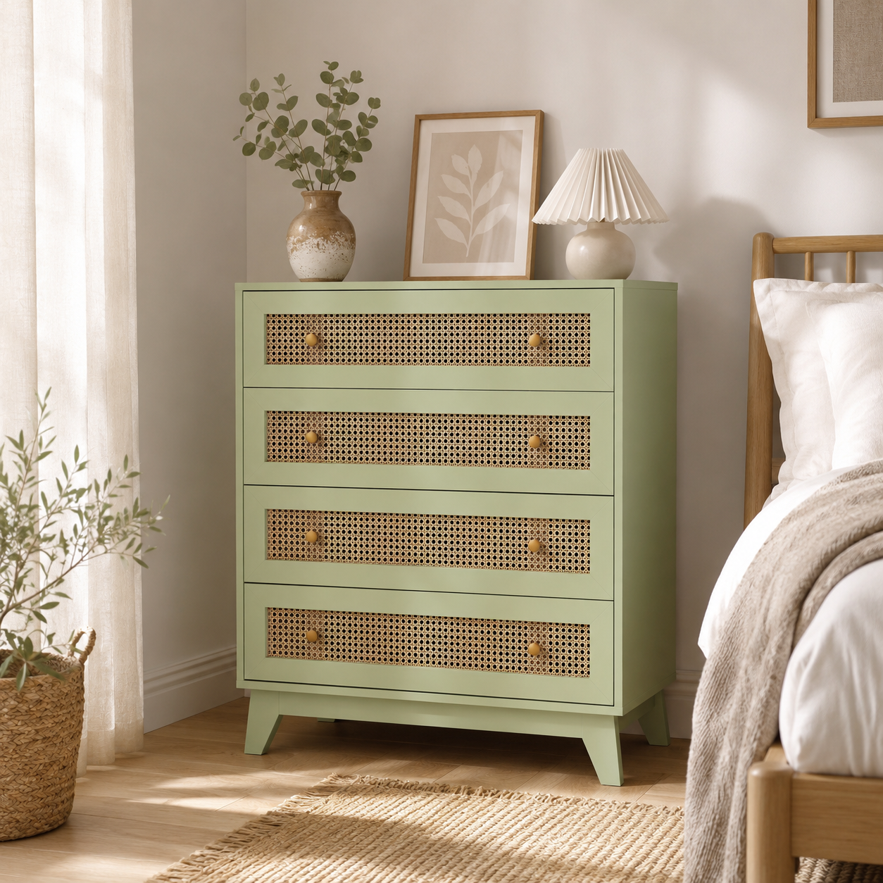 Chest of Drawers 4-Drawer Rattan Panel – Particle Board & Rattan, Light Green, 80 × 35 × 95 cm