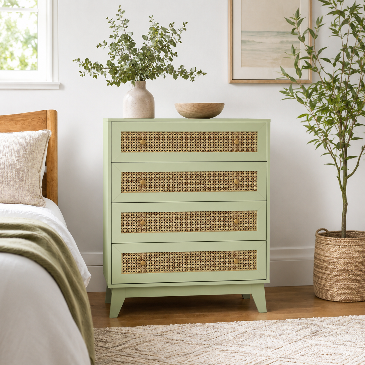 Chest of Drawers 4-Drawer Rattan Panel – Particle Board & Rattan, Light Green, 80 × 35 × 95 cm