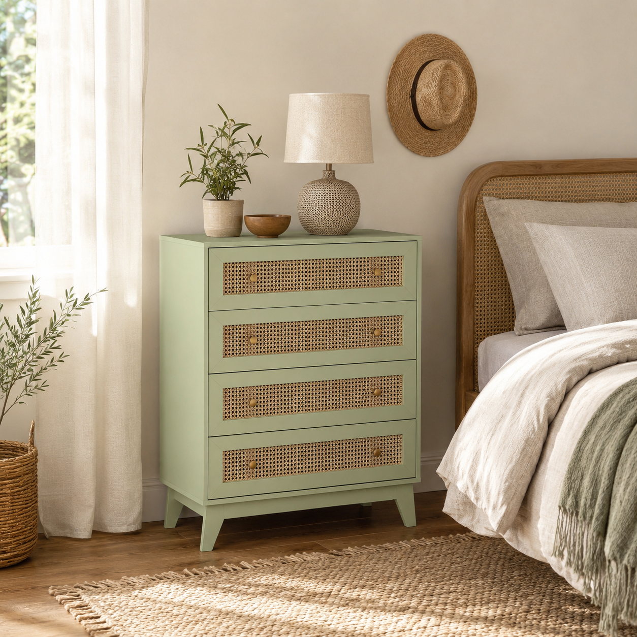 Chest of Drawers 4-Drawer Rattan Panel – Particle Board & Rattan, Light Green, 80 × 35 × 95 cm