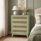Chest of Drawers 4-Drawer Rattan Panel – Particle Board & Rattan, Light Green, 80 × 35 × 95 cm