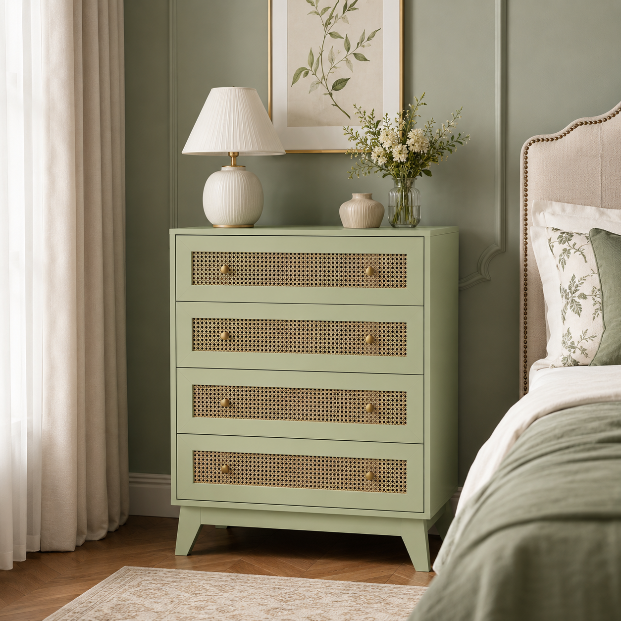 Chest of Drawers 4-Drawer Rattan Panel – Particle Board & Rattan, Light Green, 80 × 35 × 95 cm