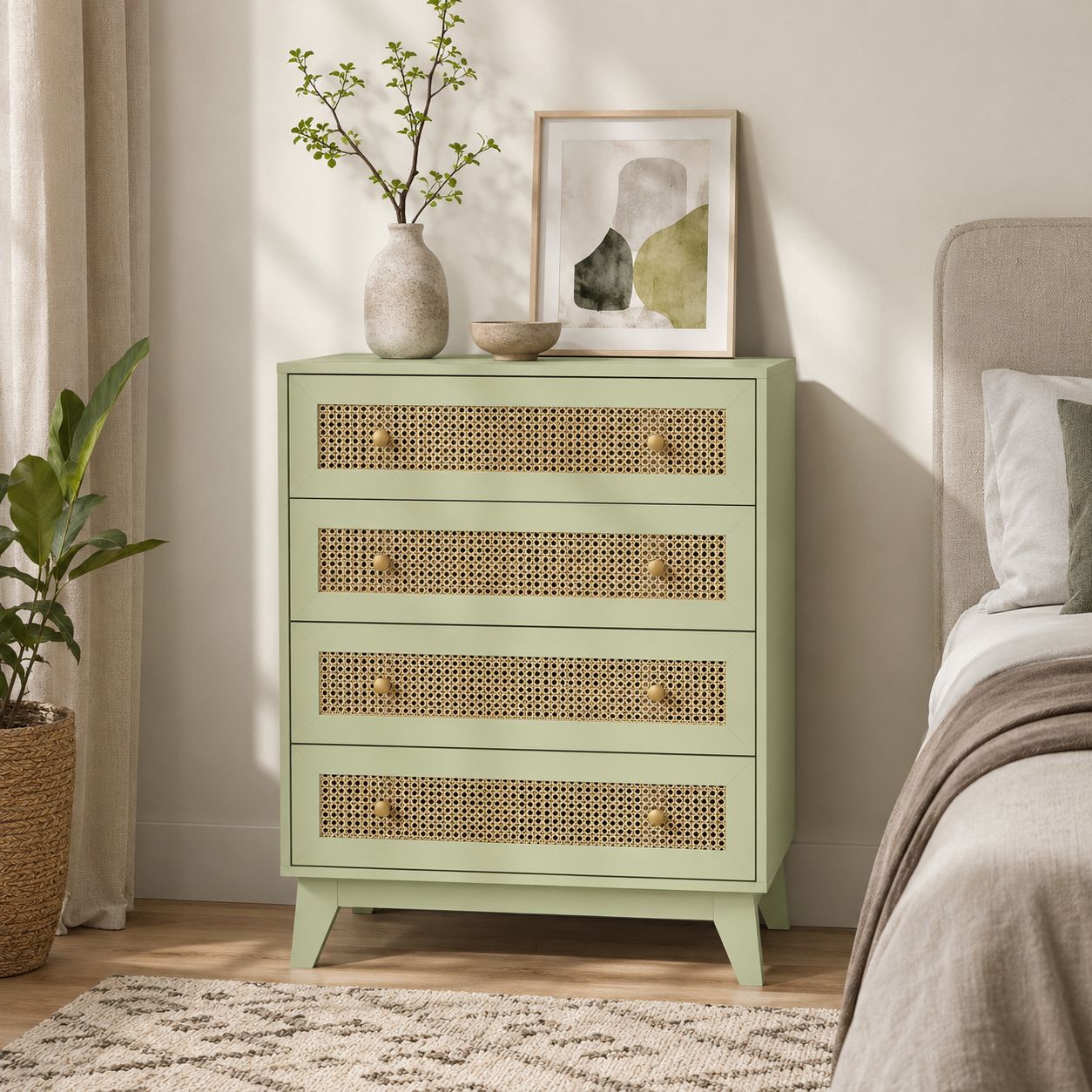 Chest of Drawers 4-Drawer Rattan Panel – Particle Board & Rattan, Light Green, 80 × 35 × 95 cm