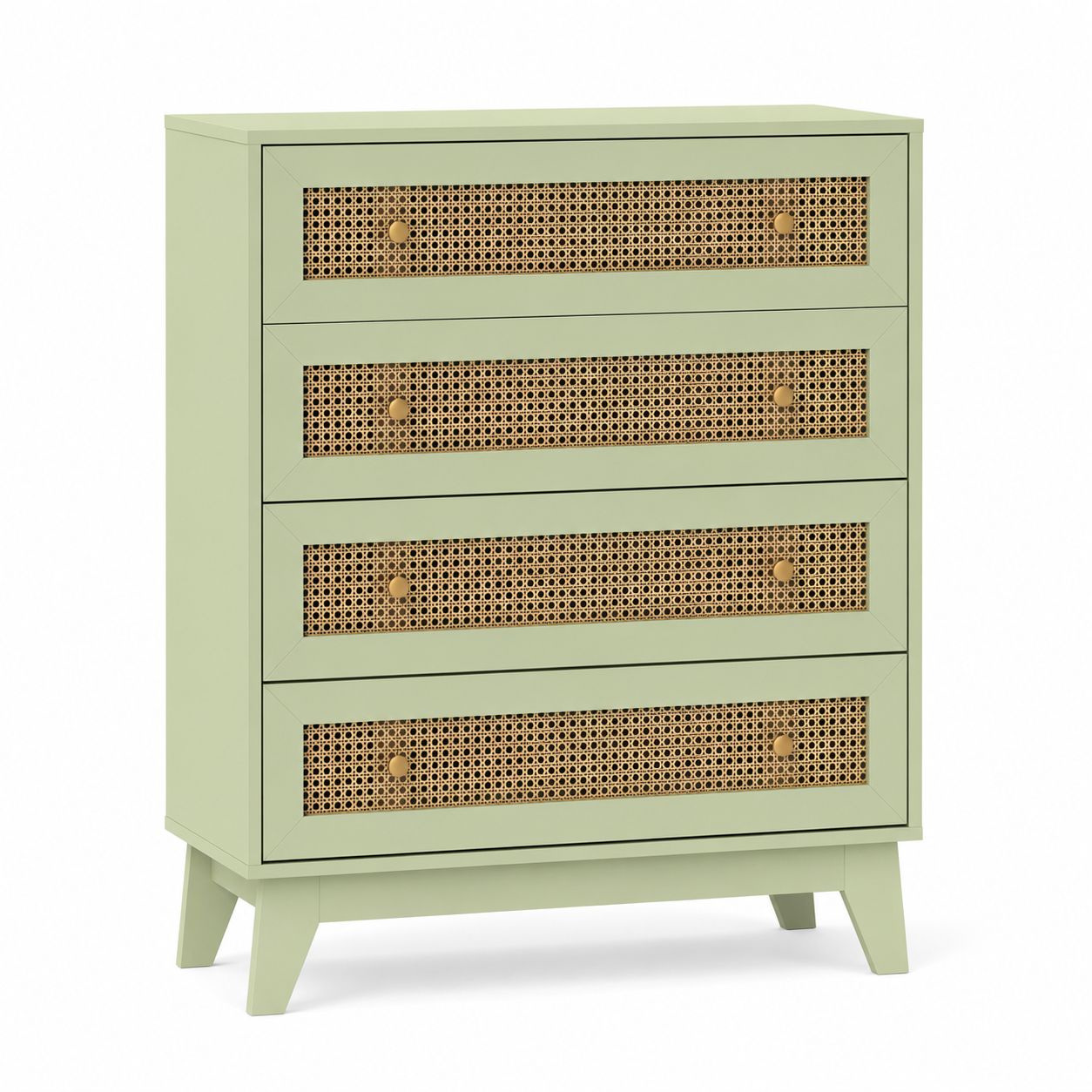 Chest of Drawers 4-Drawer Rattan Panel – Particle Board & Rattan, Light Green, 80 × 35 × 95 cm