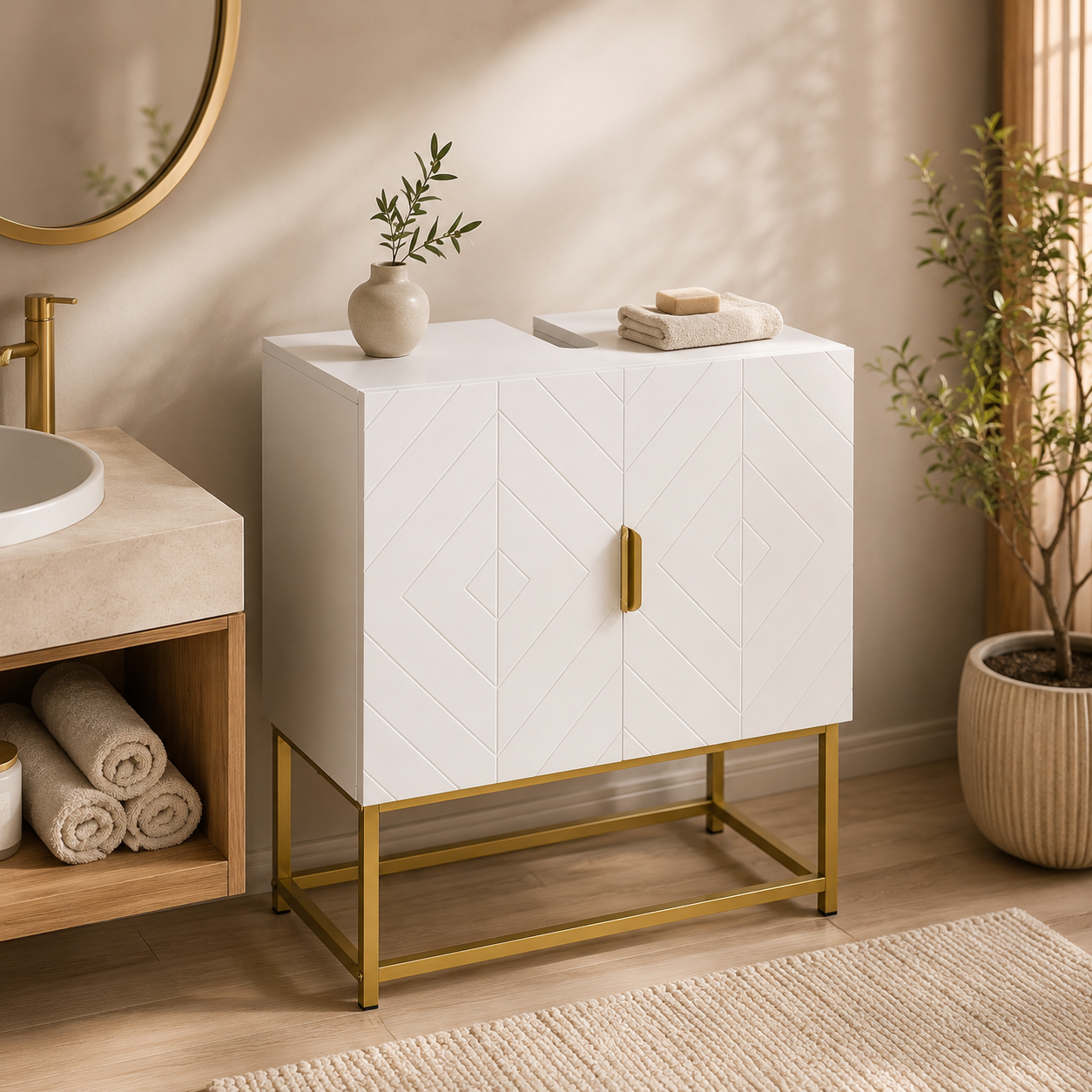 Under-Sink Mirror Cabinet Gold Steel Legs – MDF & Steel, White & Gold, 60 × 30 × 65 cm