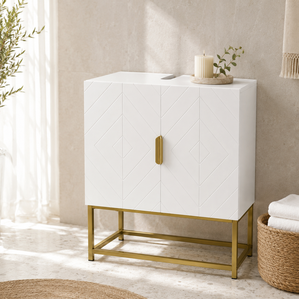 Under-Sink Mirror Cabinet Gold Steel Legs – MDF & Steel, White & Gold, 60 × 30 × 65 cm