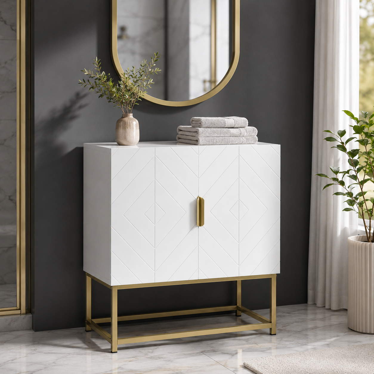 Under-Sink Mirror Cabinet Gold Steel Legs – MDF & Steel, White & Gold, 60 × 30 × 65 cm