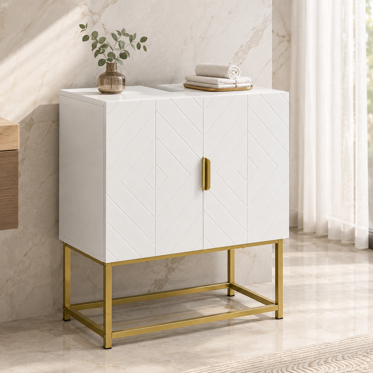 Under-Sink Mirror Cabinet Gold Steel Legs – MDF & Steel, White & Gold, 60 × 30 × 65 cm