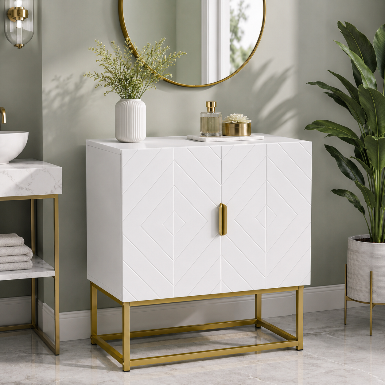 Under-Sink Mirror Cabinet Gold Steel Legs – MDF & Steel, White & Gold, 60 × 30 × 65 cm