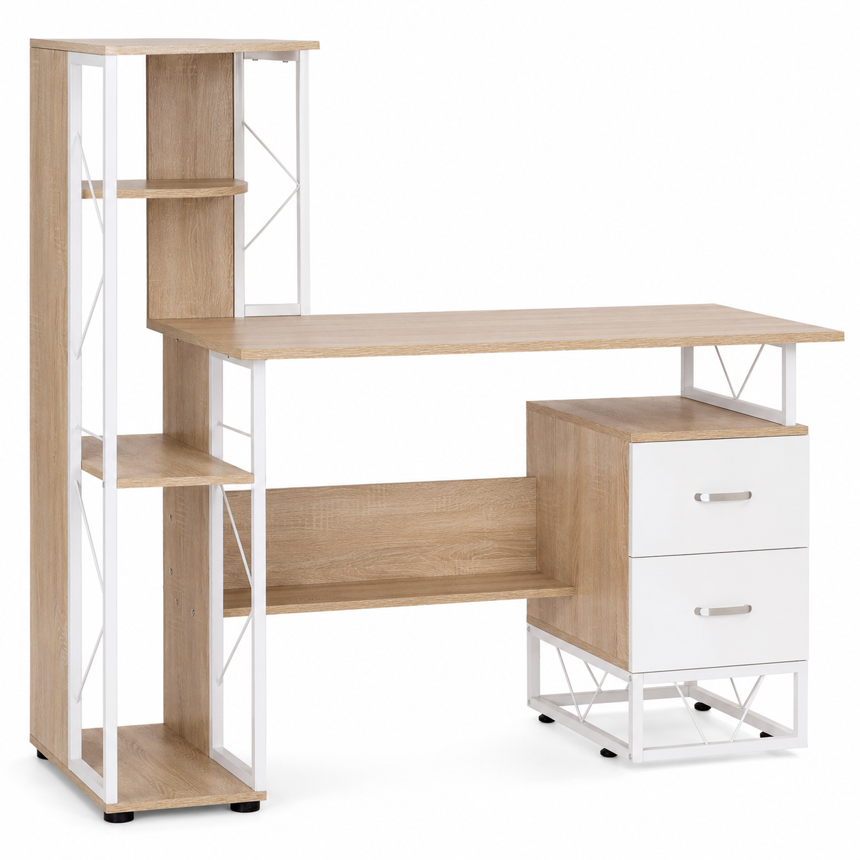 Computer Desk with Drawers & Bookshelf – MDF & Metal, Oak-Effect, 133 × 55 × 123 cm