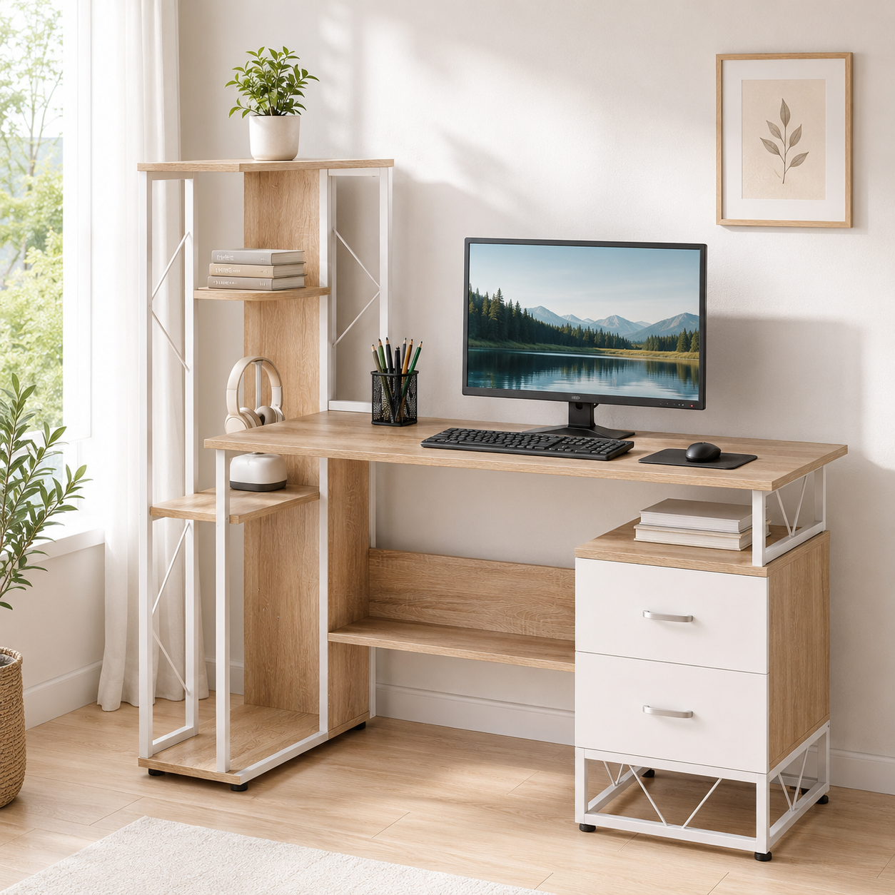 Computer Desk with Drawers & Bookshelf – MDF & Metal, Oak-Effect, 133 × 55 × 123 cm
