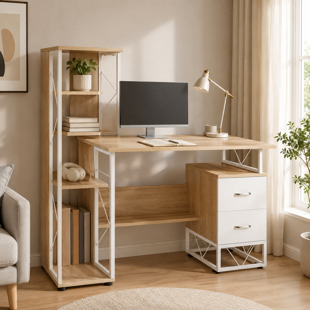 Computer Desk with Drawers & Bookshelf – MDF & Metal, Oak-Effect, 133 × 55 × 123 cm