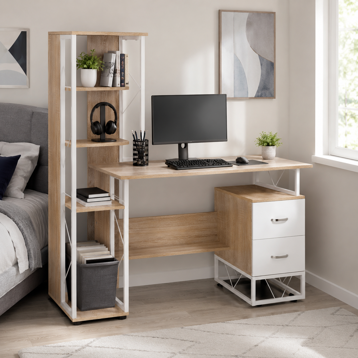 Computer Desk with Drawers & Bookshelf – MDF & Metal, Oak-Effect, 133 × 55 × 123 cm