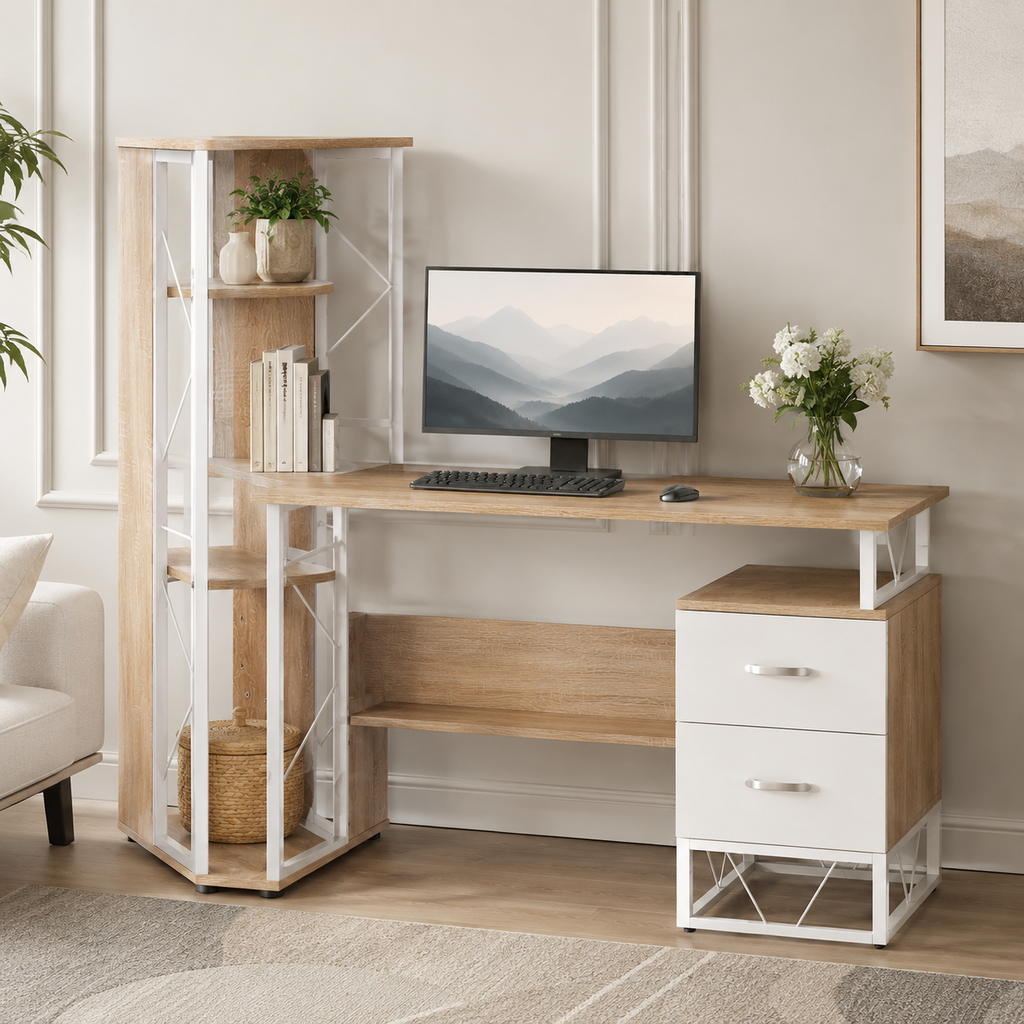 Computer Desk with Drawers & Bookshelf – MDF & Metal, Oak-Effect, 133 × 55 × 123 cm