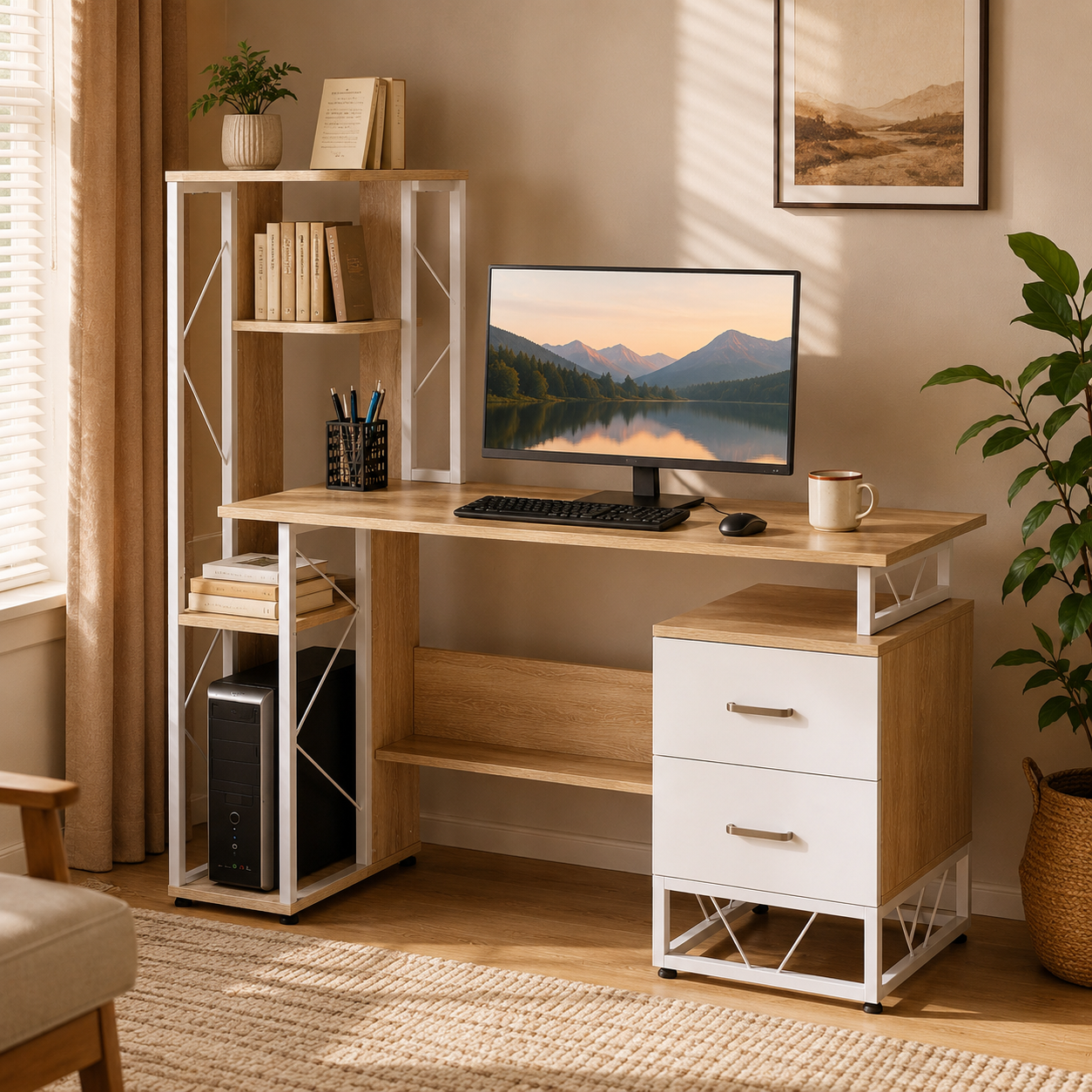 Computer Desk with Drawers & Bookshelf – MDF & Metal, Oak-Effect, 133 × 55 × 123 cm