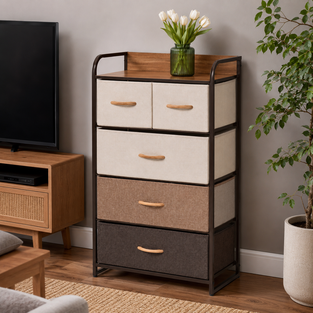 Dresser Tower 5-Drawer Linen Steel Frame – Steel & MDF, Multicolour, 58 × 29 × 99 cm