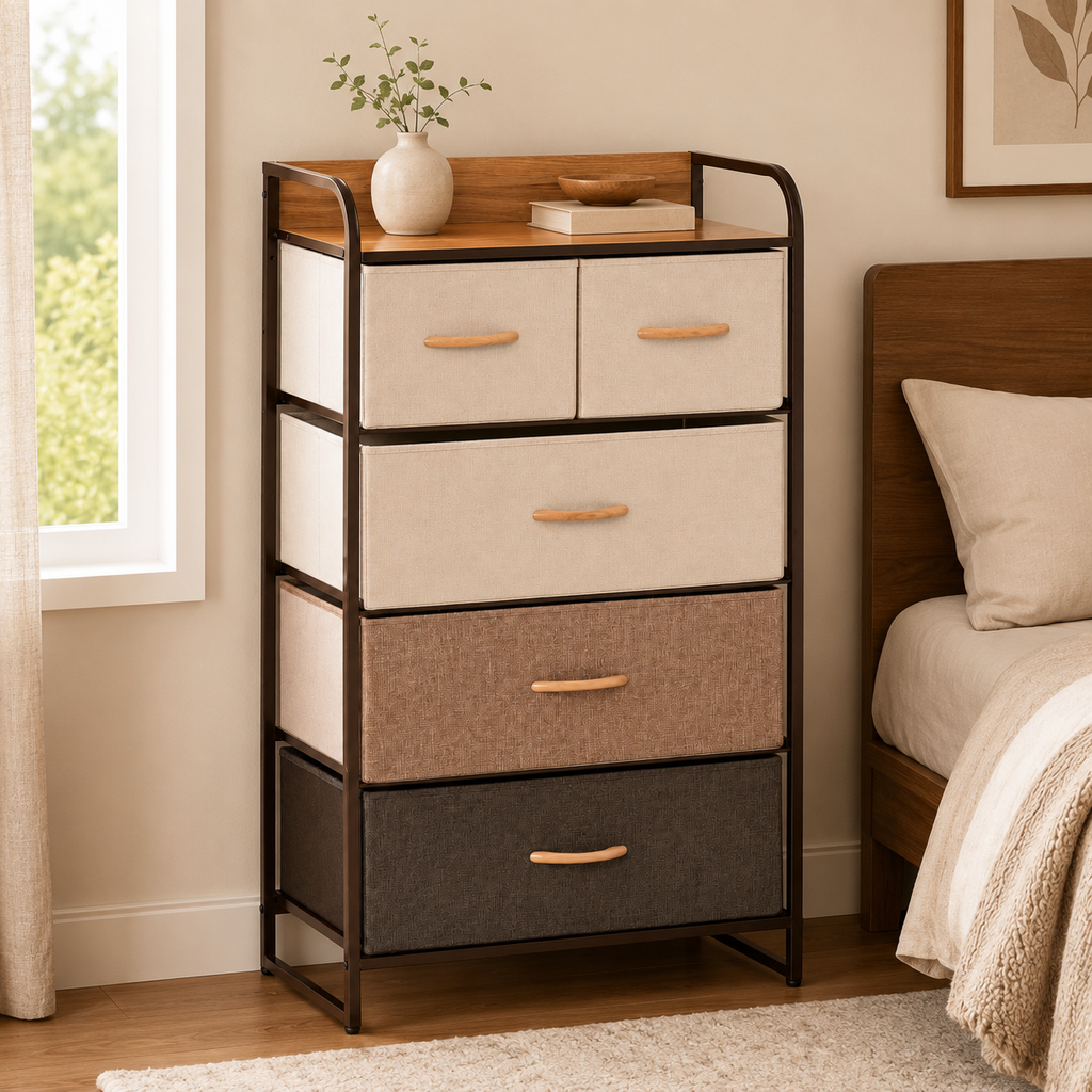 Dresser Tower 5-Drawer Linen Steel Frame – Steel & MDF, Multicolour, 58 × 29 × 99 cm