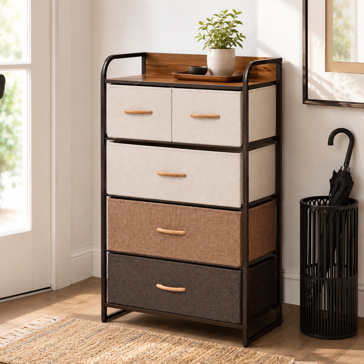 Dresser Tower 5-Drawer Linen Steel Frame – Steel & MDF, Multicolour, 58 × 29 × 99 cm