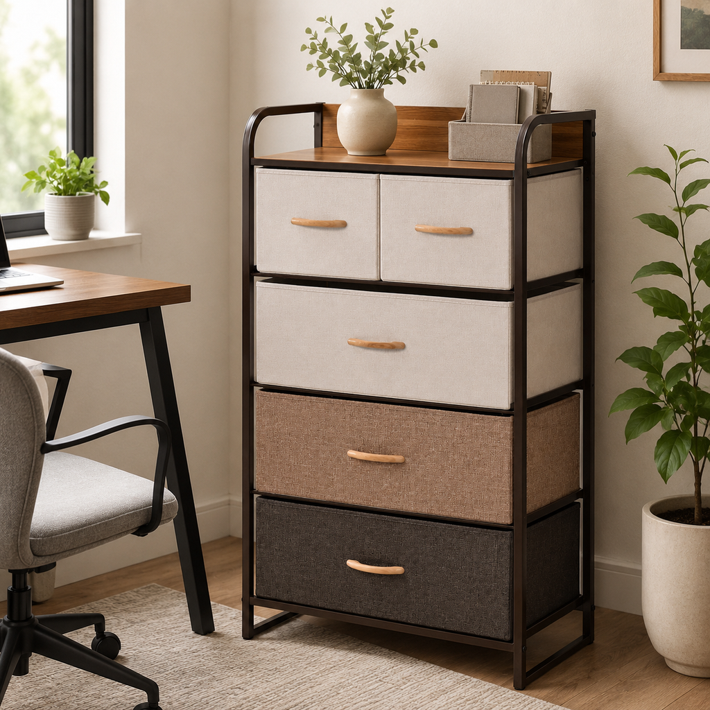 Dresser Tower 5-Drawer Linen Steel Frame – Steel & MDF, Multicolour, 58 × 29 × 99 cm