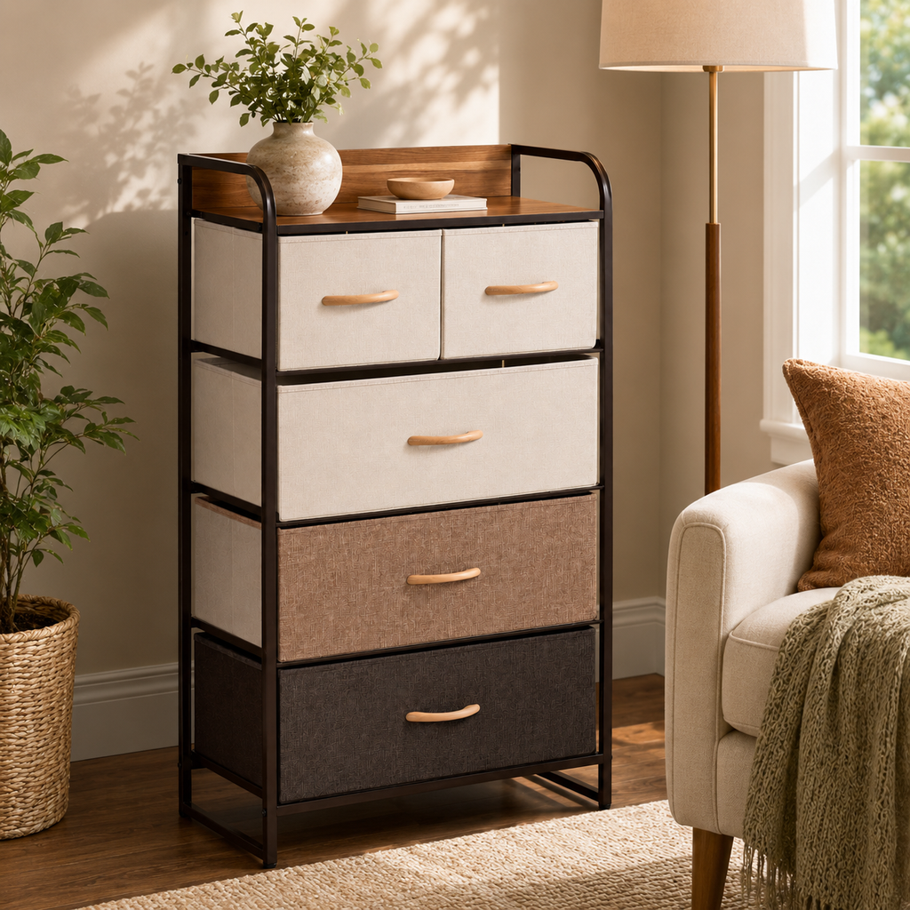 Dresser Tower 5-Drawer Linen Steel Frame – Steel & MDF, Multicolour, 58 × 29 × 99 cm