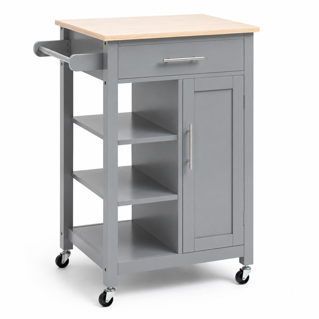 Kitchen Trolley Cart with Cupboard & Drawer – MDF & Steel, Grey, 69 × 48 × 89 cm
