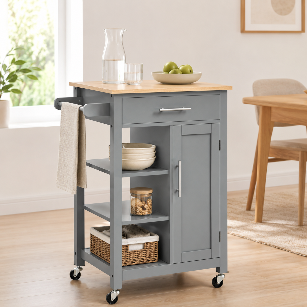 Kitchen Trolley Cart with Cupboard & Drawer – MDF & Steel, Grey, 69 × 48 × 89 cm