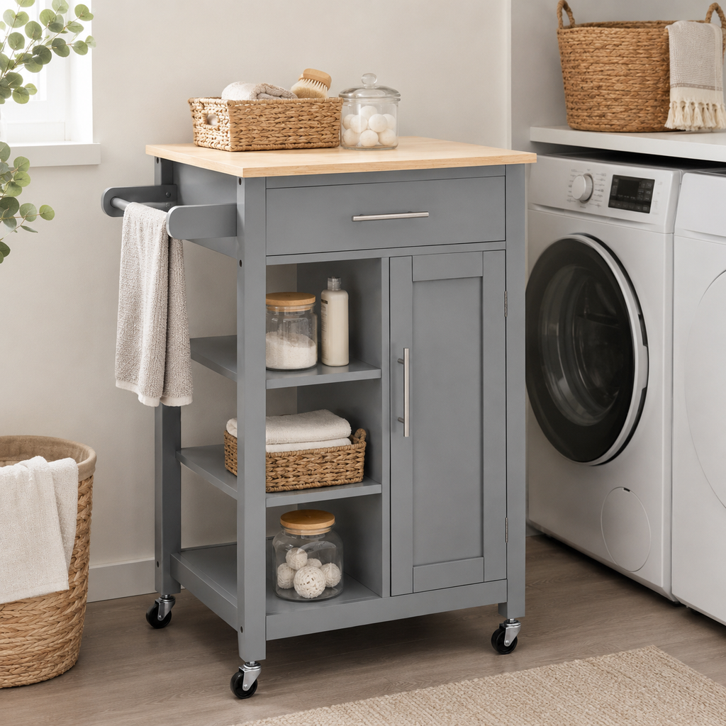 Kitchen Trolley Cart with Cupboard & Drawer – MDF & Steel, Grey, 69 × 48 × 89 cm