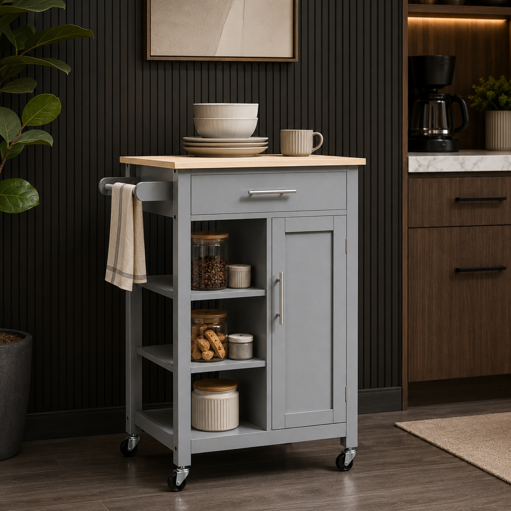 Kitchen Trolley Cart with Cupboard & Drawer – MDF & Steel, Grey, 69 × 48 × 89 cm