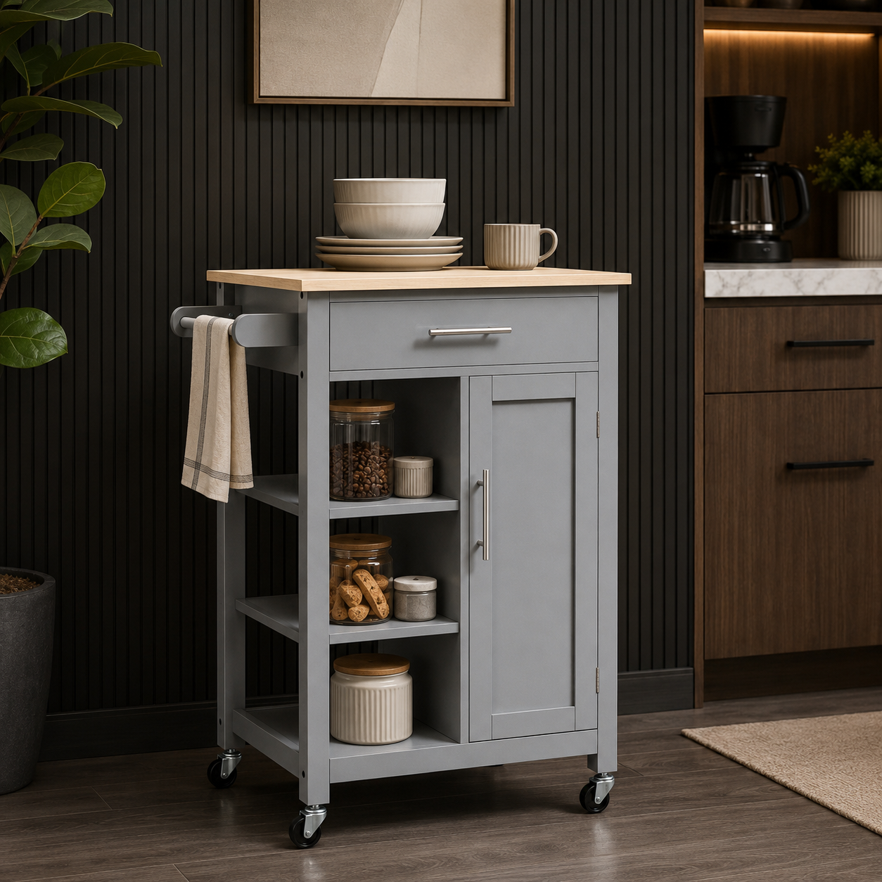 Kitchen Trolley Cart with Cupboard & Drawer – MDF & Steel, Grey, 69 × 48 × 89 cm