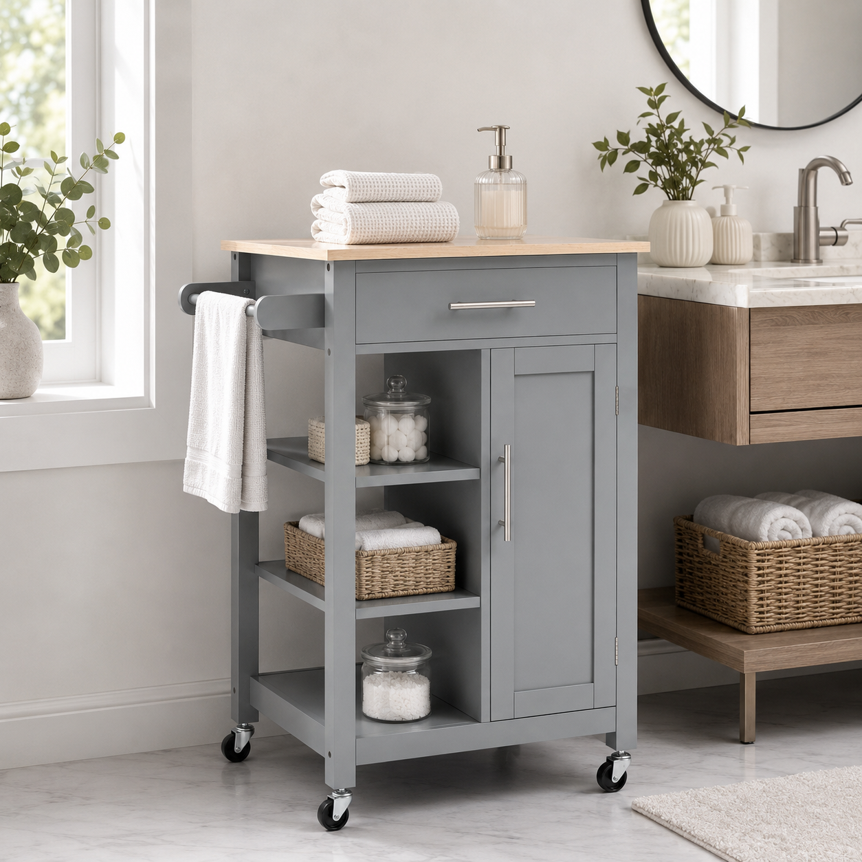 Kitchen Trolley Cart with Cupboard & Drawer – MDF & Steel, Grey, 69 × 48 × 89 cm