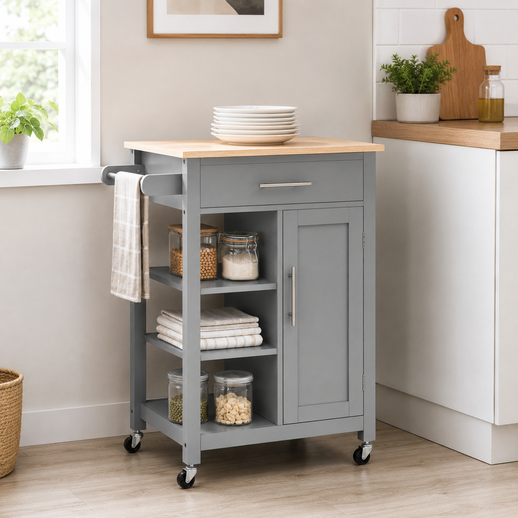 Kitchen Trolley Cart with Cupboard & Drawer – MDF & Steel, Grey, 69 × 48 × 89 cm