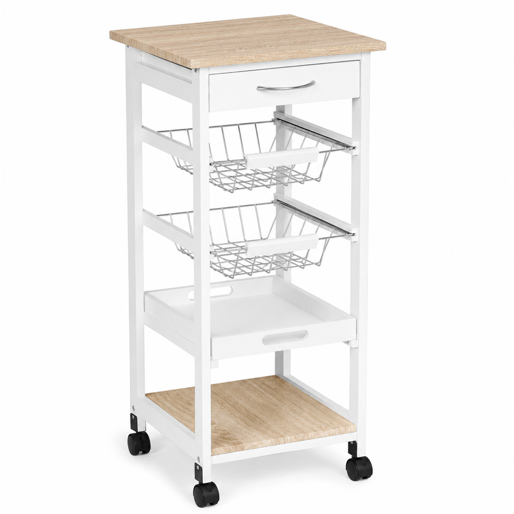 Kitchen Island Trolley Rolling 4-Tier – Pine Wood & MDF, White, 37 × 37 × 82 cm