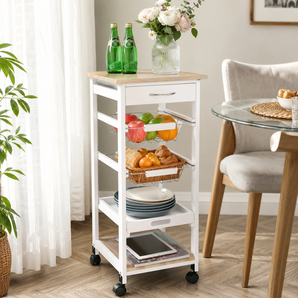 Kitchen Island Trolley Rolling 4-Tier – Pine Wood & MDF, White, 37 × 37 × 82 cm