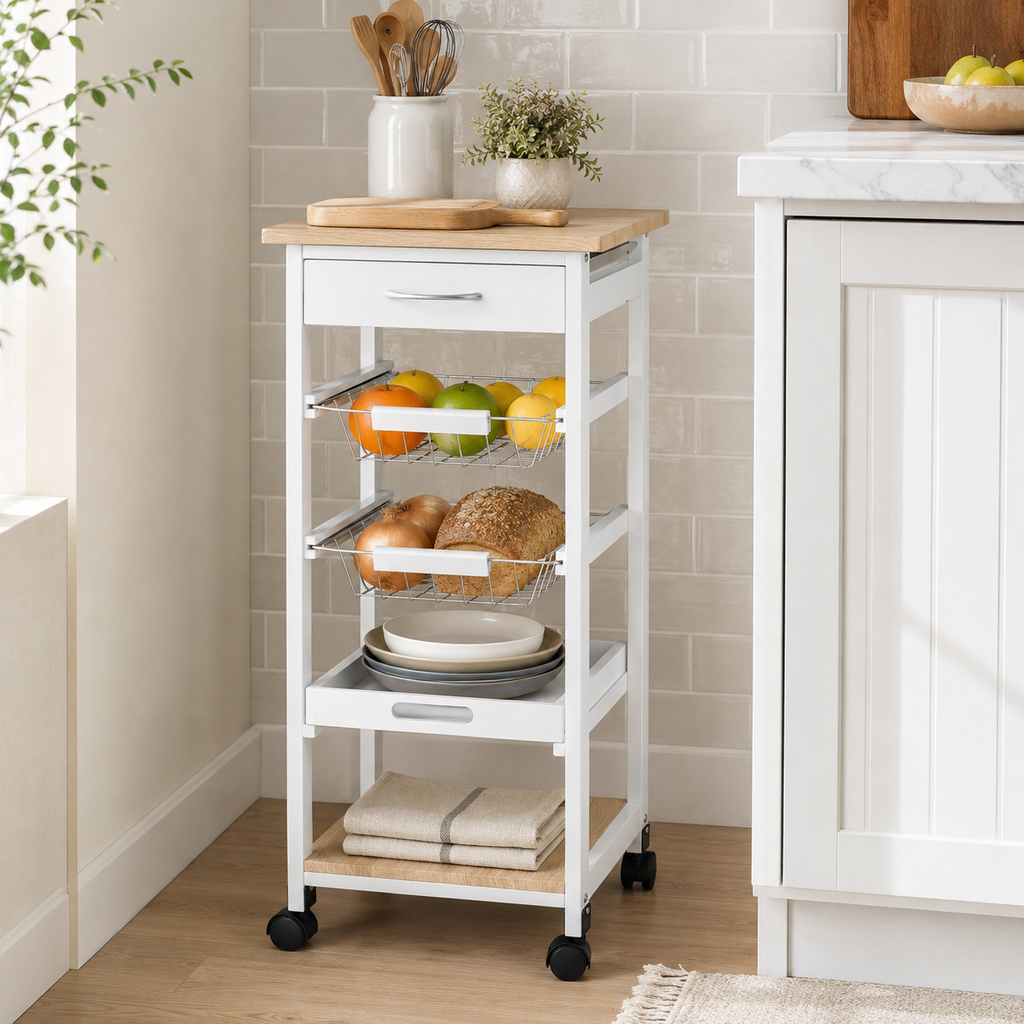Kitchen Island Trolley Rolling 4-Tier – Pine Wood & MDF, White, 37 × 37 × 82 cm