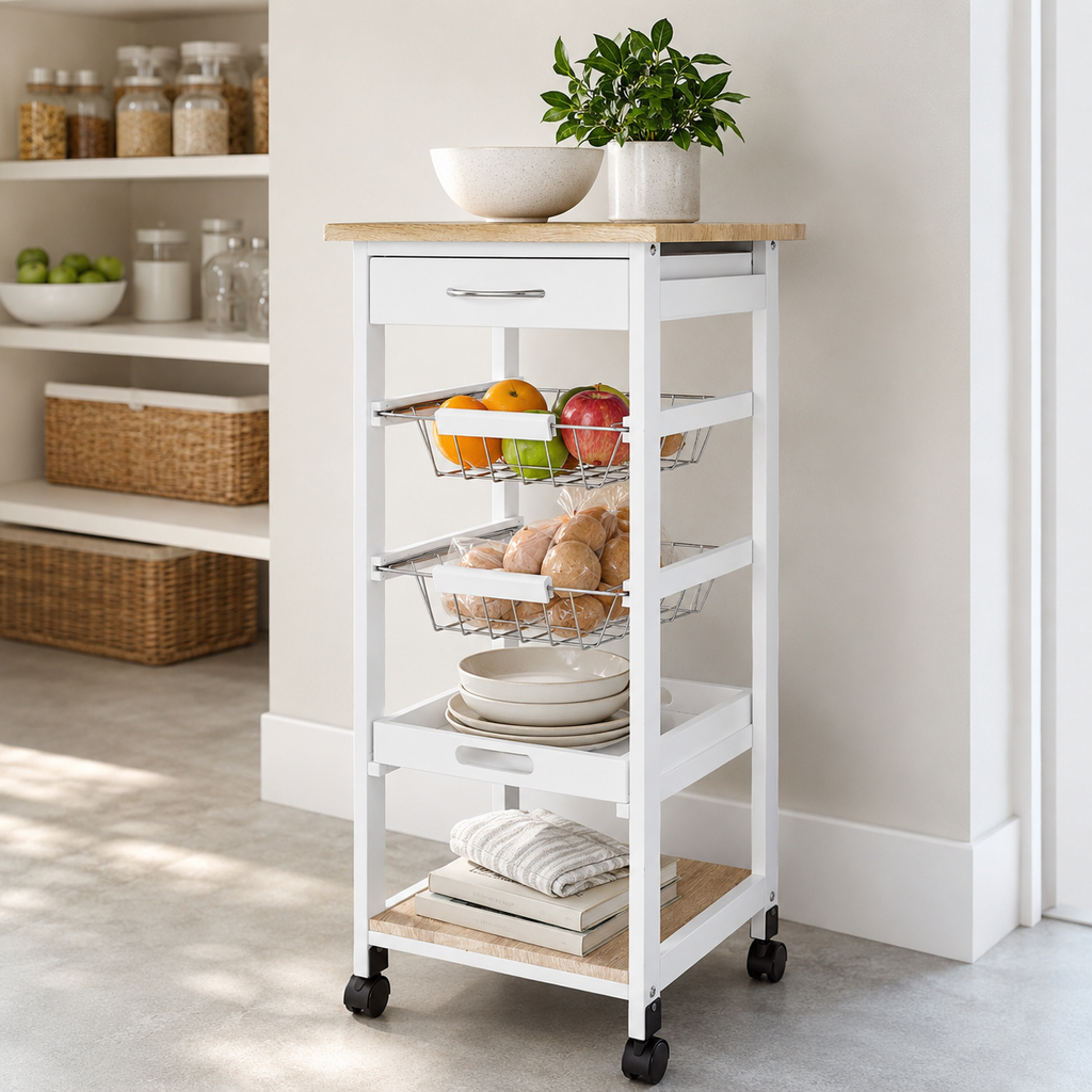 Kitchen Island Trolley Rolling 4-Tier – Pine Wood & MDF, White, 37 × 37 × 82 cm