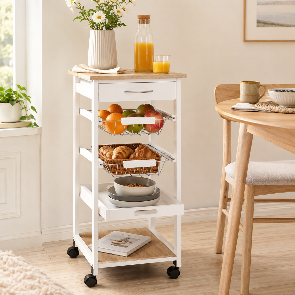 Kitchen Island Trolley Rolling 4-Tier – Pine Wood & MDF, White, 37 × 37 × 82 cm