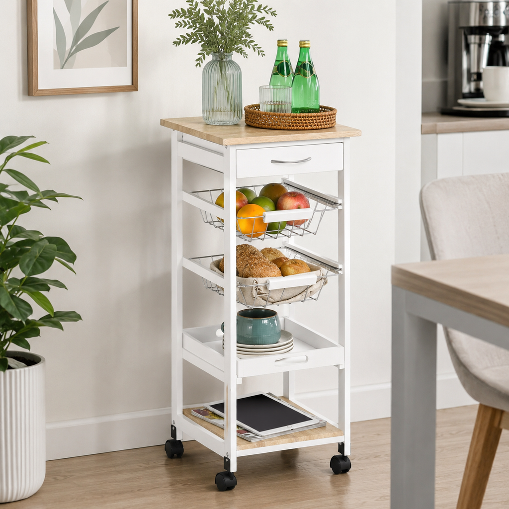 Kitchen Island Trolley Rolling 4-Tier – Pine Wood & MDF, White, 37 × 37 × 82 cm