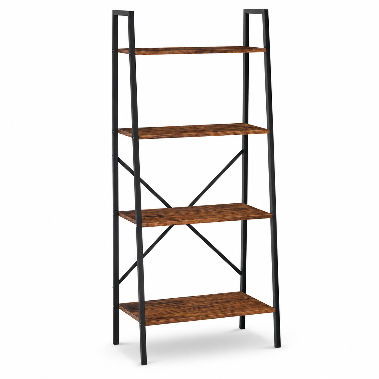 Ladder Shelf 4-Tier Industrial – MDF & Steel, Rustic Brown & Black, 60 × 37.5 × 145 cm