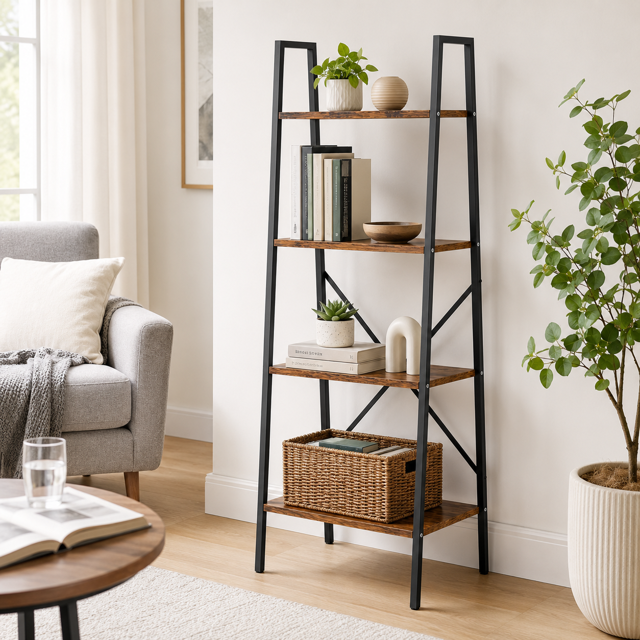 Ladder Shelf 4-Tier Industrial – MDF & Steel, Rustic Brown & Black, 60 × 37.5 × 145 cm
