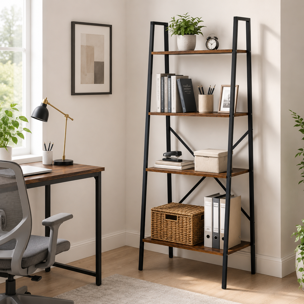 Ladder Shelf 4-Tier Industrial – MDF & Steel, Rustic Brown & Black, 60 × 37.5 × 145 cm