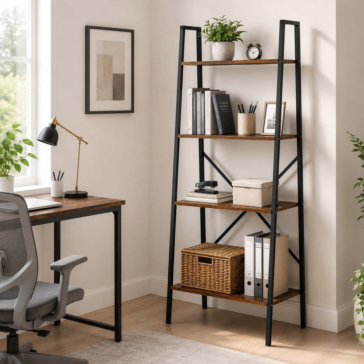 Ladder Shelf 4-Tier Industrial – MDF & Steel, Rustic Brown & Black, 60 × 37.5 × 145 cm