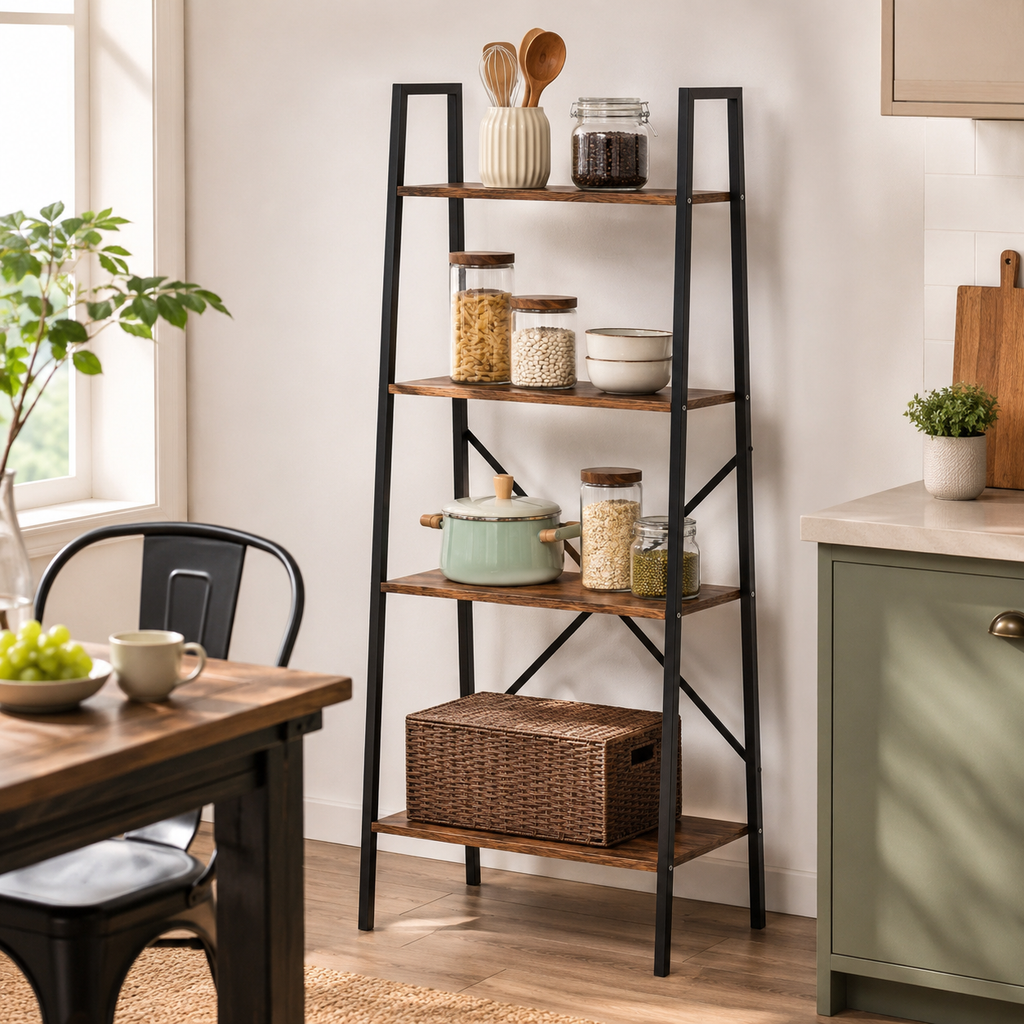 Ladder Shelf 4-Tier Industrial – MDF & Steel, Rustic Brown & Black, 60 × 37.5 × 145 cm