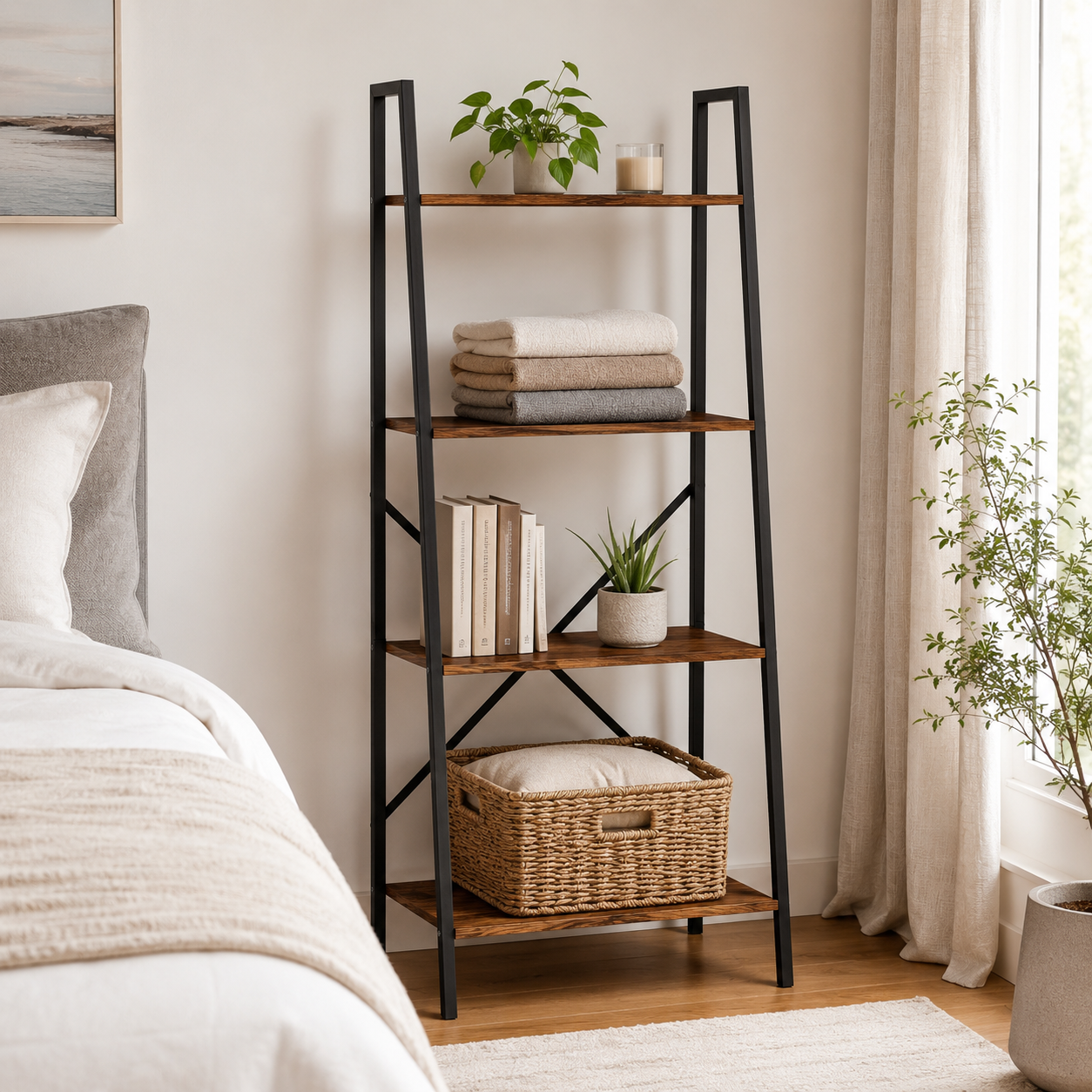 Ladder Shelf 4-Tier Industrial – MDF & Steel, Rustic Brown & Black, 60 × 37.5 × 145 cm