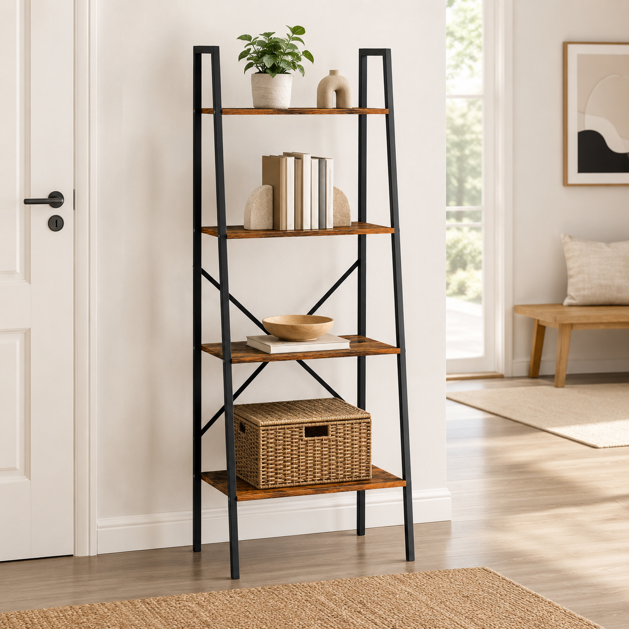 Ladder Shelf 4-Tier Industrial – MDF & Steel, Rustic Brown & Black, 60 × 37.5 × 145 cm