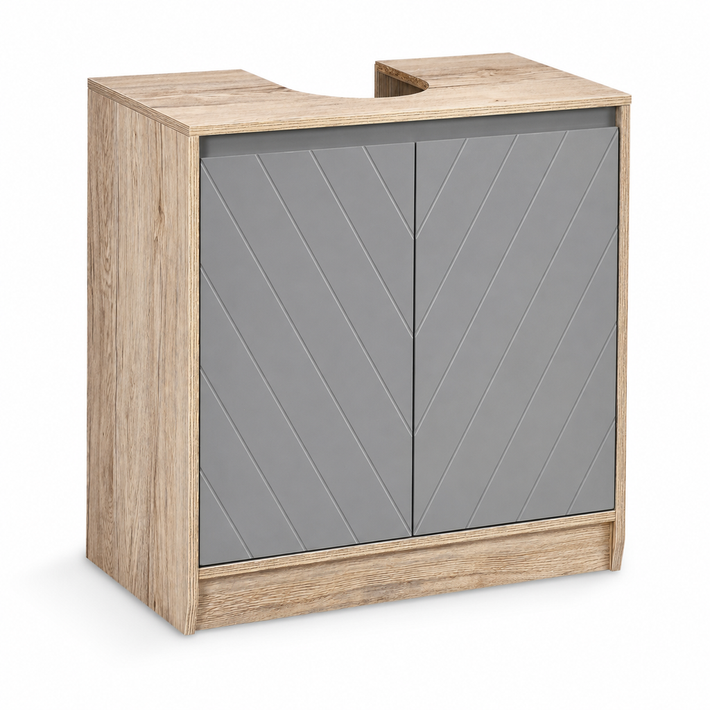 Under-Sink Cabinet Double Doors – MDF & Particle Board, Grey & Oak-Effect, 60 × 30 × 59.8 cm