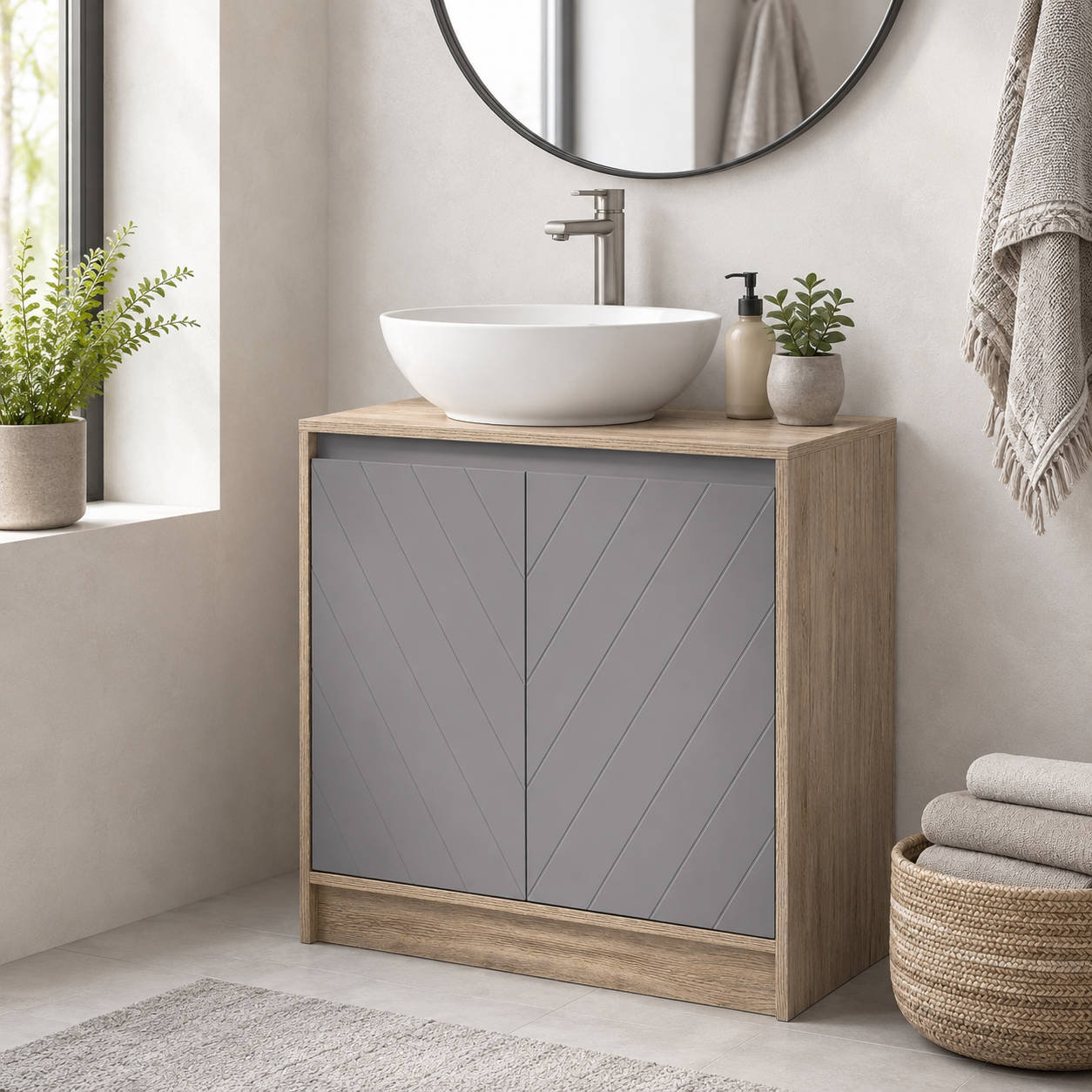 Under-Sink Cabinet Double Doors – MDF & Particle Board, Grey & Oak-Effect, 60 × 30 × 59.8 cm