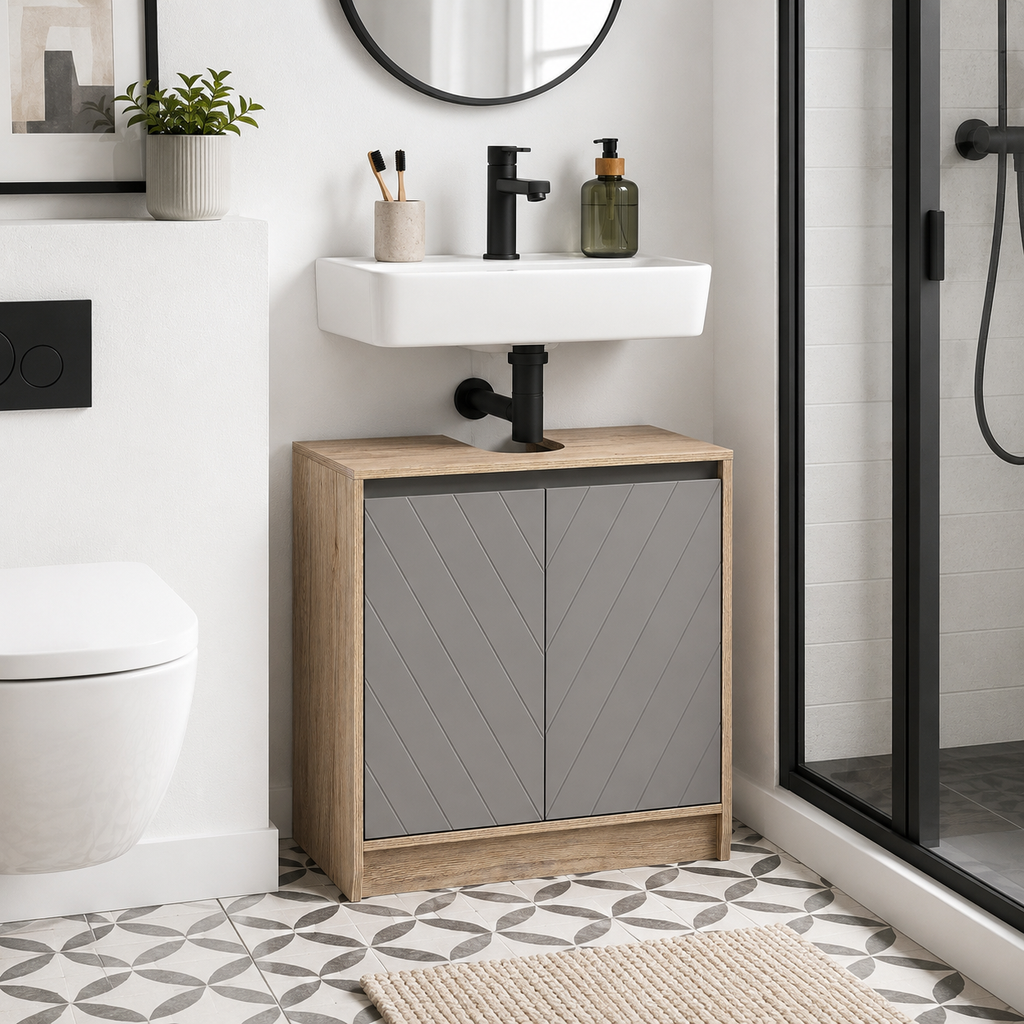 Under-Sink Cabinet Double Doors – MDF & Particle Board, Grey & Oak-Effect, 60 × 30 × 59.8 cm