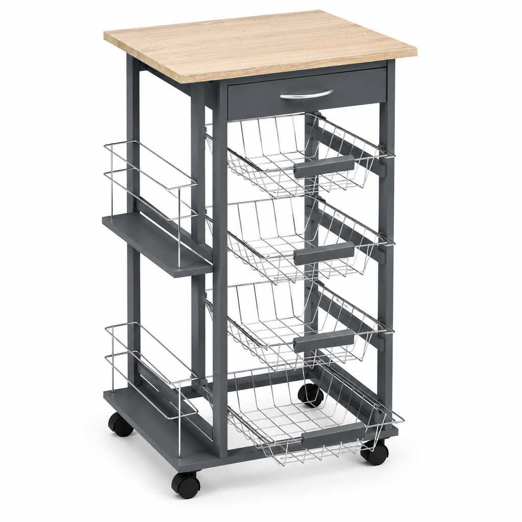 Kitchen Storage Cart 4-Basket Drawer & Side Racks – MDF & Pine Wood, Grey, 47 × 37 × 83 cm