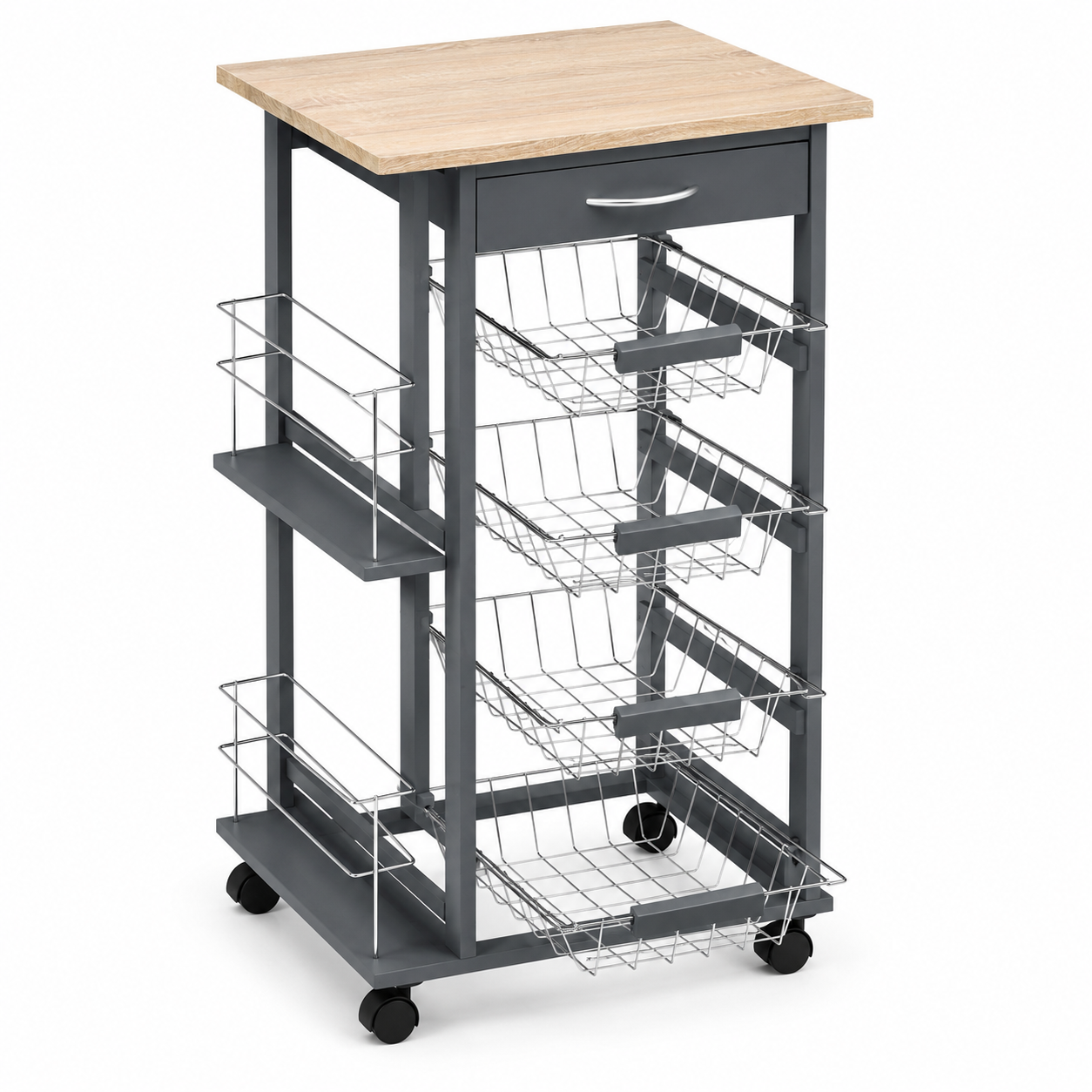 Kitchen Storage Cart 4-Basket Drawer & Side Racks – MDF & Pine Wood, Grey, 47 × 37 × 83 cm