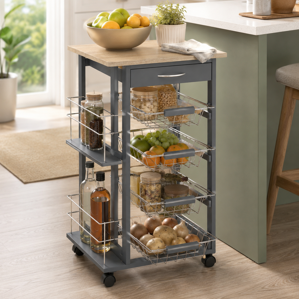 Kitchen Storage Cart 4-Basket Drawer & Side Racks – MDF & Pine Wood, Grey, 47 × 37 × 83 cm